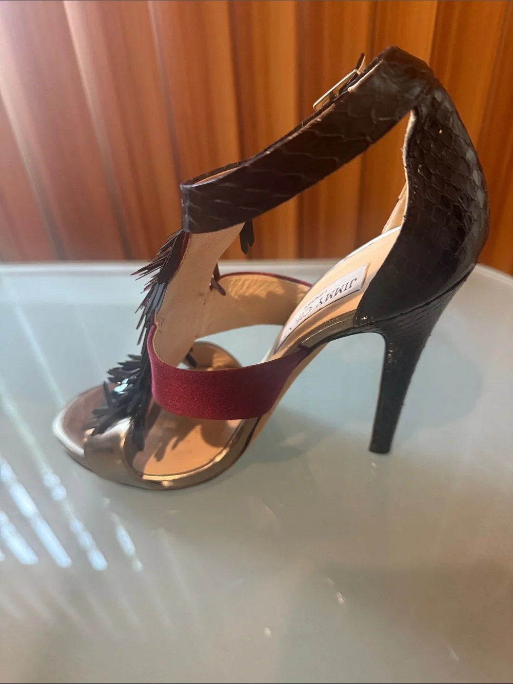 Jimmy Choo Metallic Bronze Sandal with Burgundy and Black Fringe